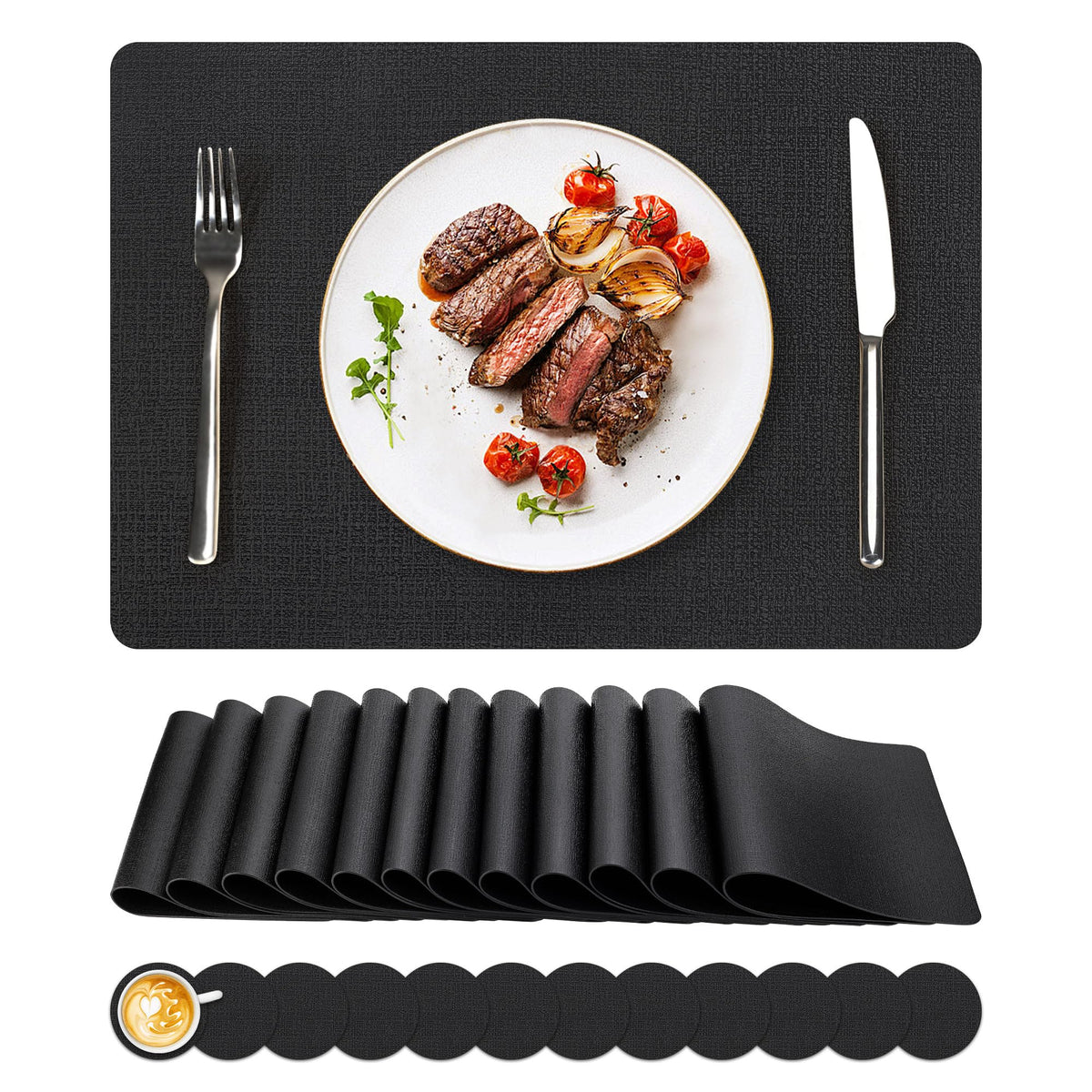 NCUE Vinyl Placemats Set of 6, 17"x12" Wipeable Place Mats with Coasters