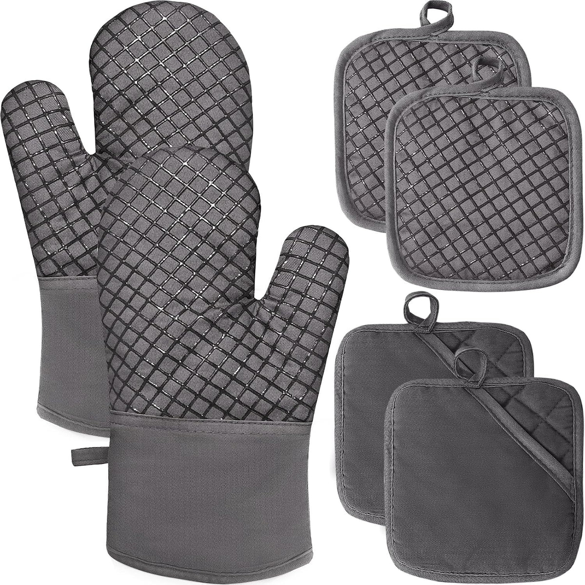 4 Pcs Oven Mitts and Pot Holders,High Heat 500°F Resistant Glove Potholder with Thick Cotton,Silicone Non-Slip Surface Long Kitchen Oven Glove for Cooking Baking Grilling(Grey)