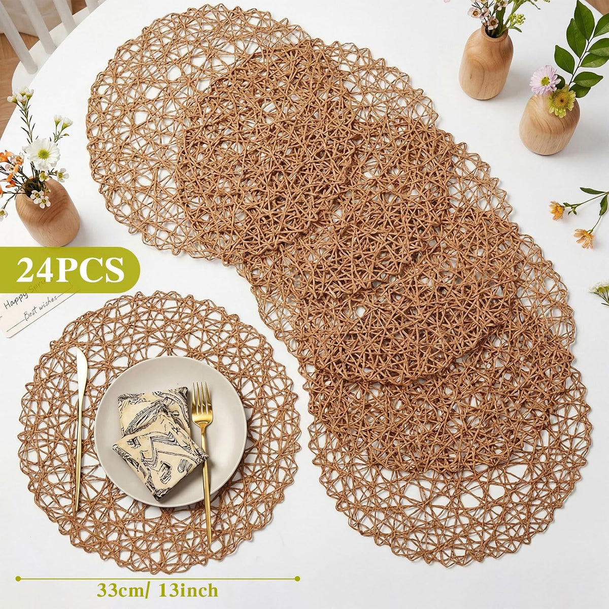 Threehoney Paper Braided Round Placemats, Set of 24, Brown, 13 in