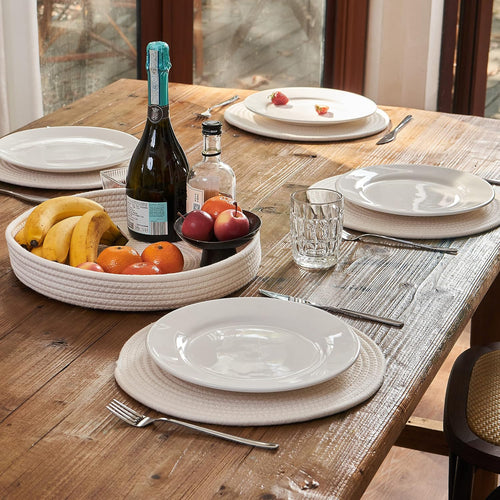 5-Piece Round Cotton Rope Placemats & Holder, Off White