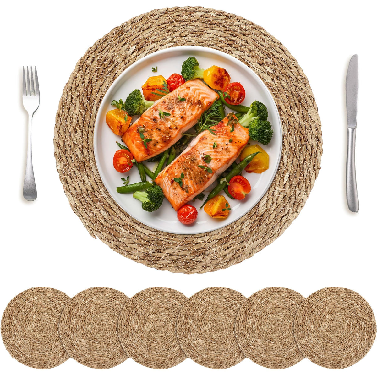 Kochorie Set of 6 Round Woven Placemats - 12 Inch Natural Boho Rattan Wicker Table Mats for Home Dining Table