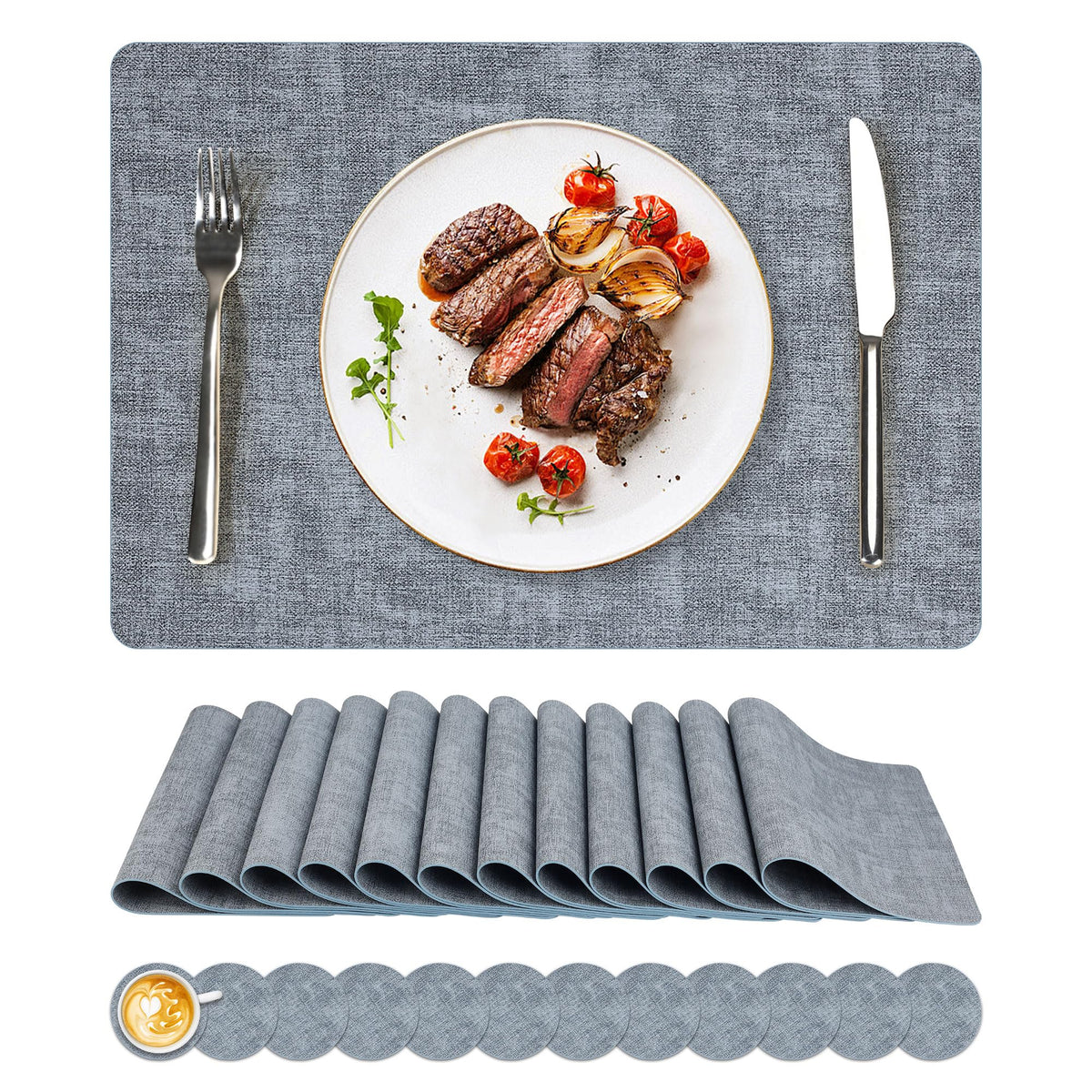 NCUE Vinyl Placemats Set of 6, 17"x12" Wipeable Place Mats with Coasters