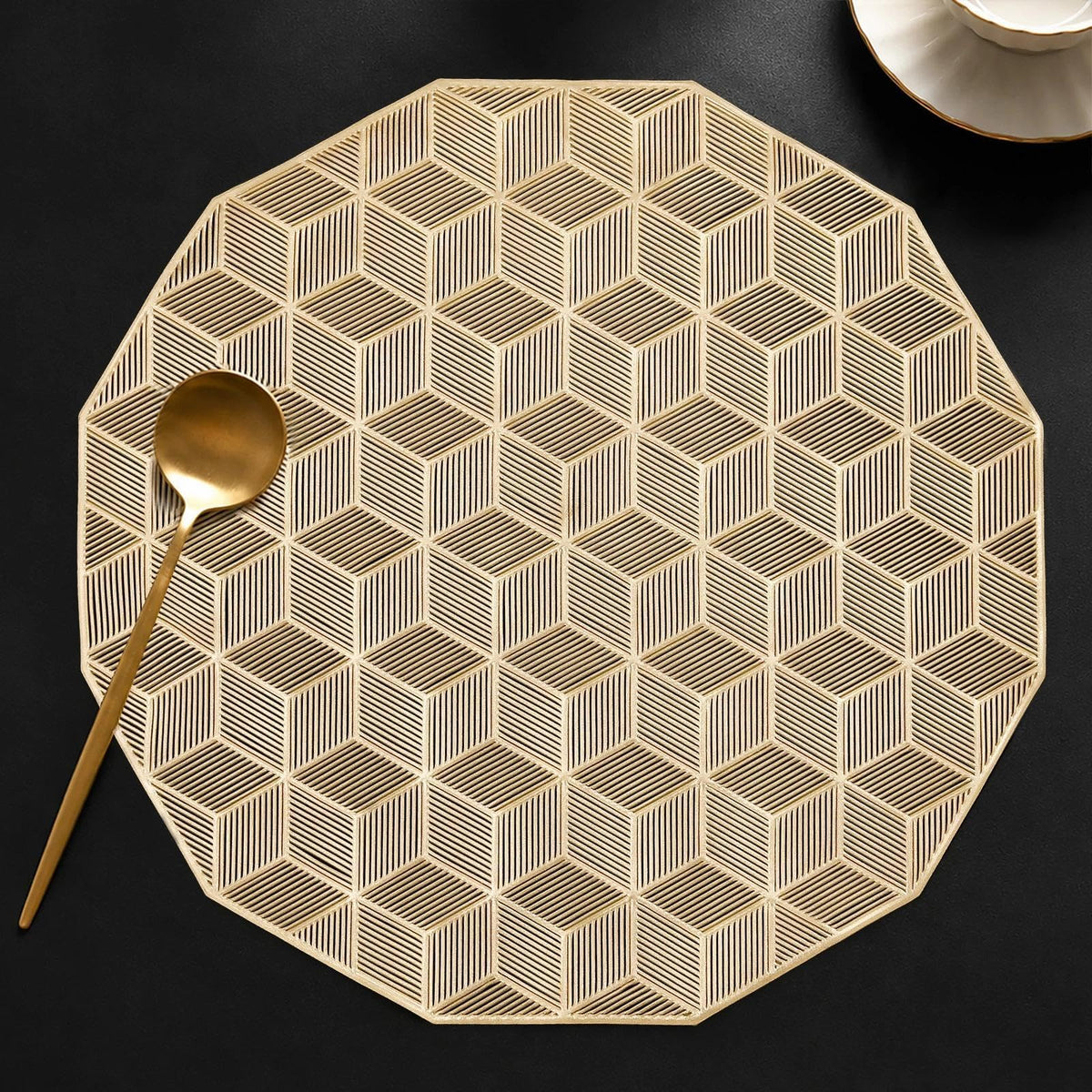 Quantum Love Camellia Gold Round Placemats Set of 6, 15 Inch PVC 3D Metallic Flower Table Mats, Wipeable Waterproof Non Slip Heat Resistant Placemats for Wedding Party Christmas Dining Table Decor