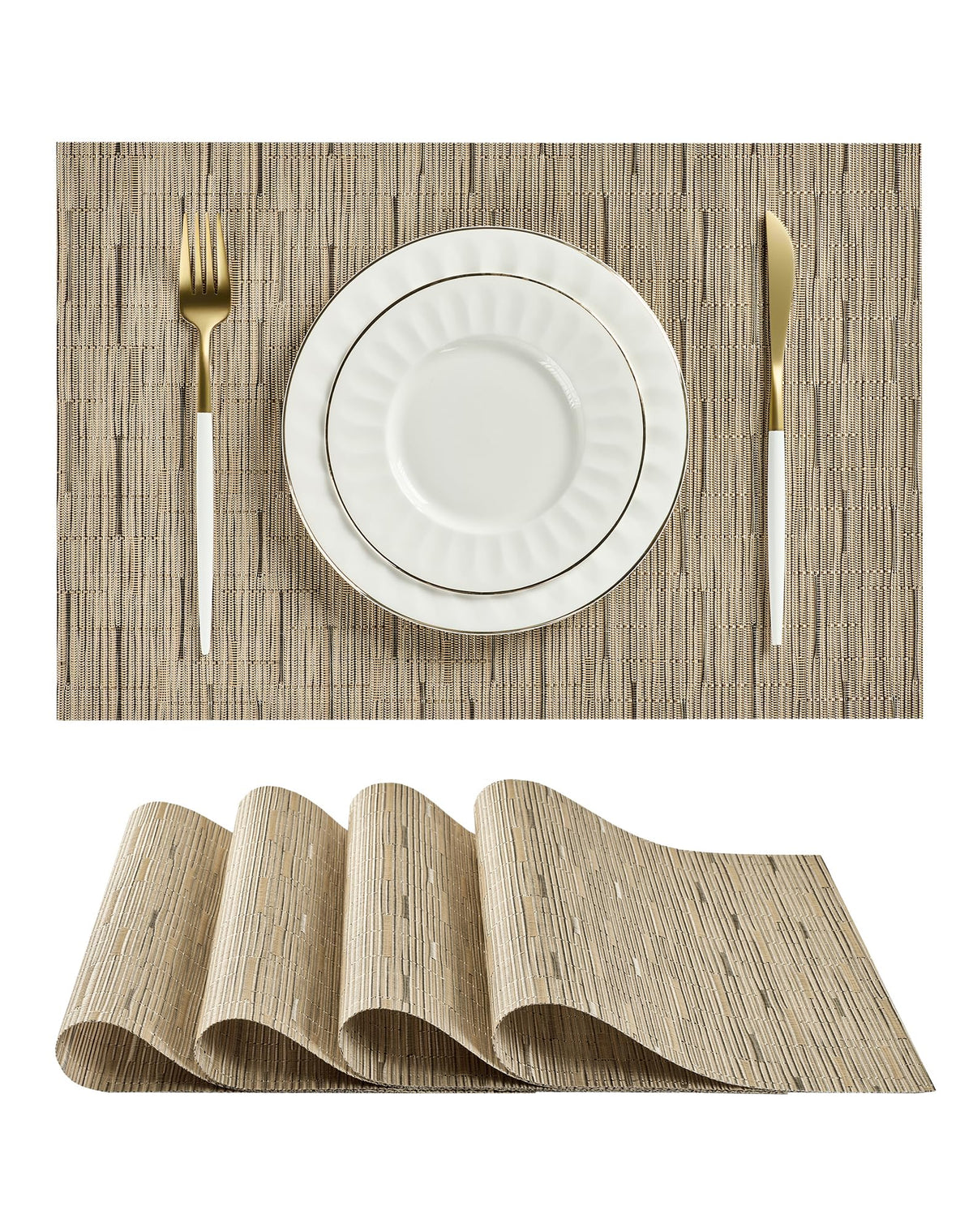 Beige Placemats Set of 6 - Heat-Resistant, Non-Slip Table Mats, Washable Woven Vinyl for Indoor & Outdoor Dining