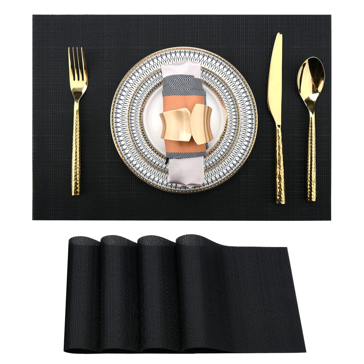 SLKQG Navy Blue Placemats Set of 6 - Easy Clean Washable Vinyl Placemats - Wipeable Heat Resistant Table Mats for Dining Table - 17x12 Inch (Navy Blue, 6)