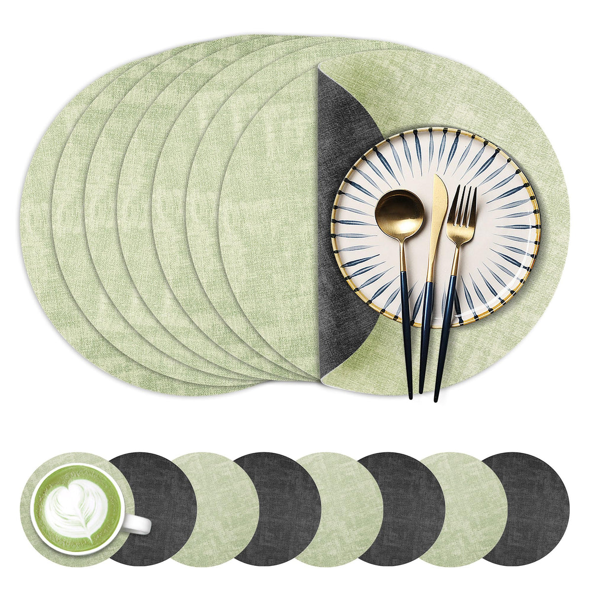 Fyvva Placemats Set of 4, 13" Round Reversible Faux Leather with Coasters