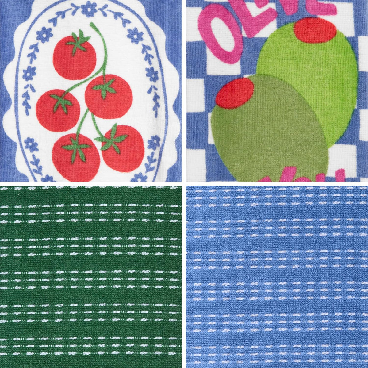 Ritz 4-Piece Kitchen Towel Set, Tomato & Olive Prints with Pine Green & Blue Textured Terry, 100% Cotton & Absorbent Blend, 16" x 26", Vintage Mediterranean Foodie Kitchen Decor