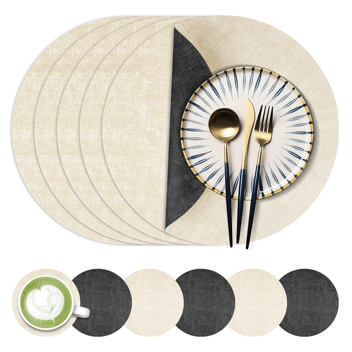 Fyvva Placemats Set of 4, 13" Round Reversible Faux Leather with Coasters