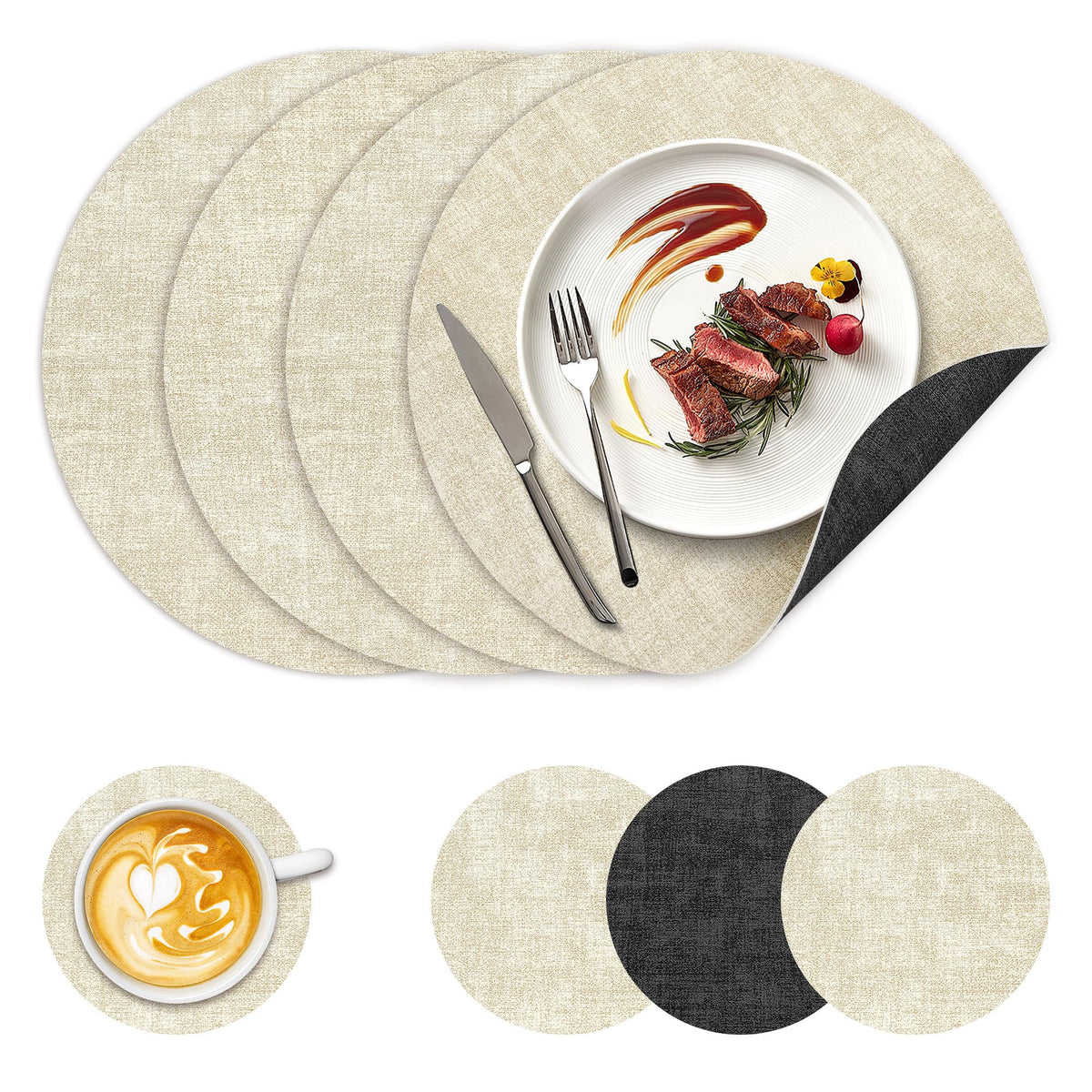 NCUE 13" Faux Leather Round Placemats Set of 6, Reversible Dual-Color