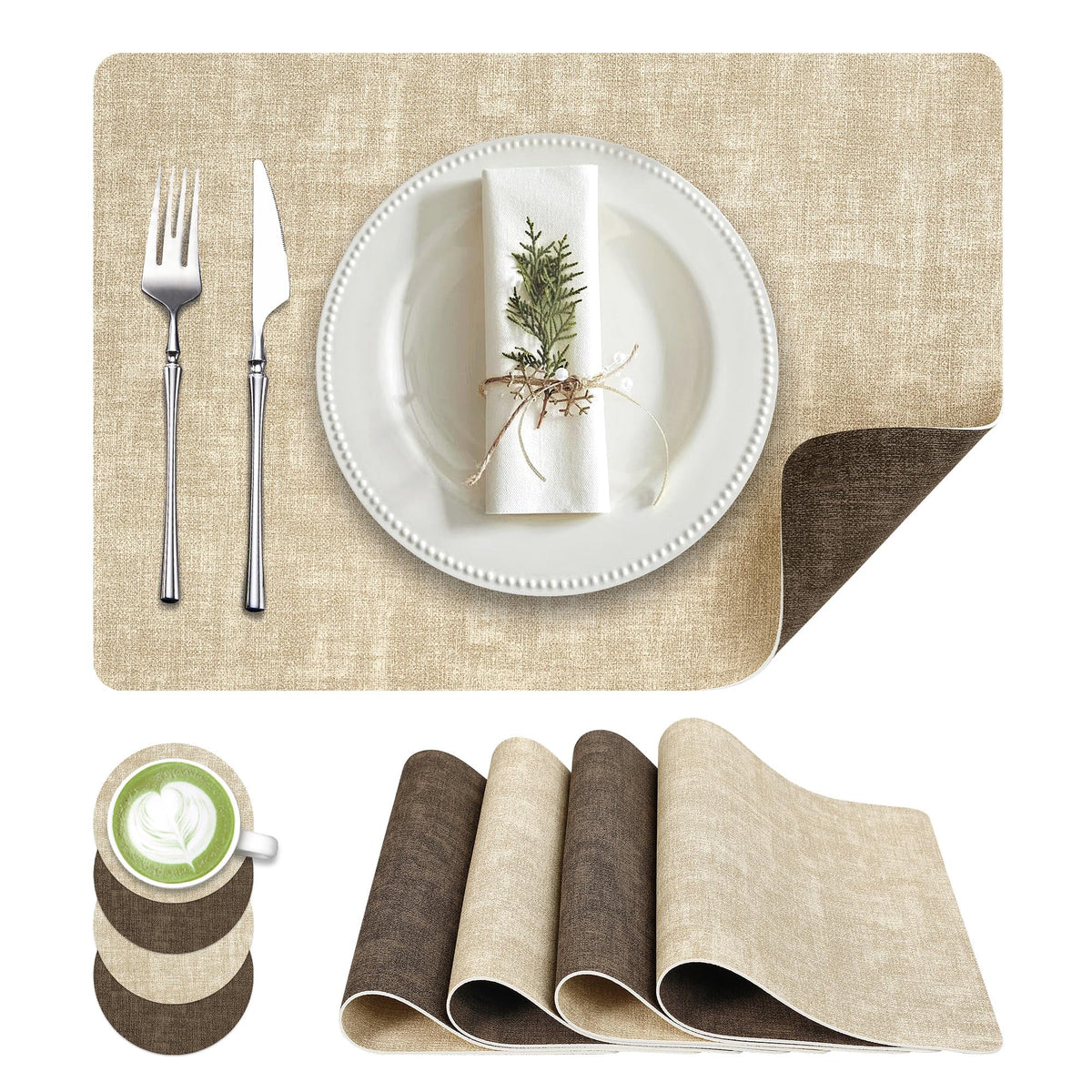 Fyvva Placemats Set of 4, 13" Round Reversible Faux Leather with Coasters