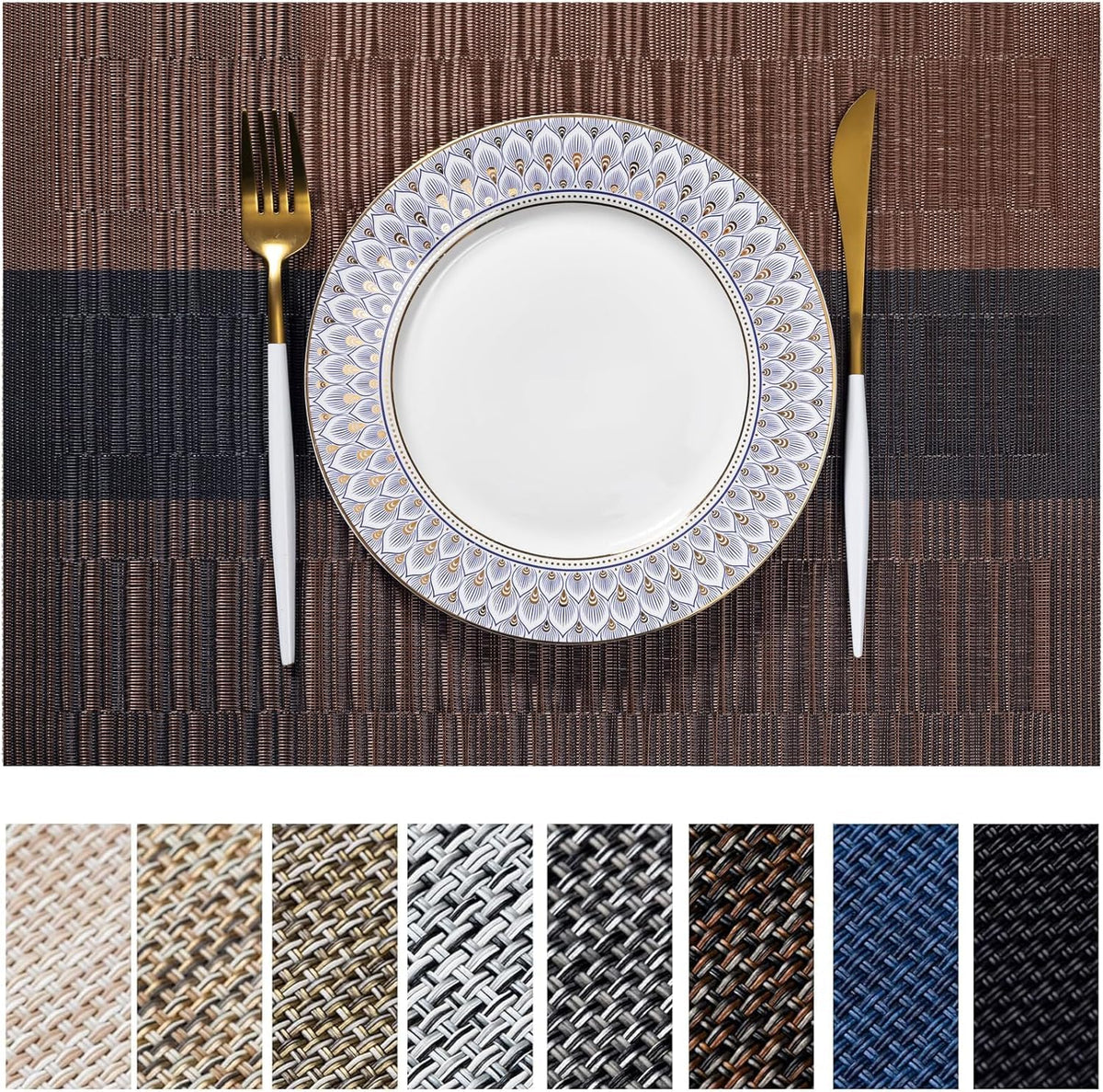 LEXMORE Placemats Set of 4 Vinyl/Plastic Woven Place Mats for Kitchen Table Indoor/Outdoor Washable Placemat Wipeable Dining Table Mats(Navy Blue)