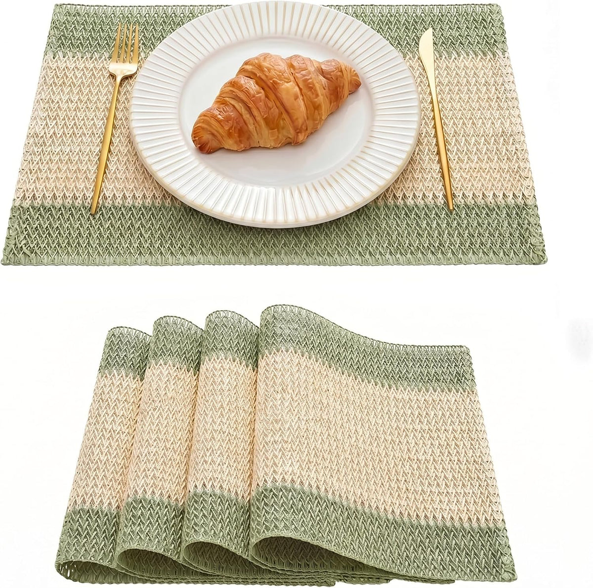 Artoid Mode Light Green Paper Woven Stripe Placemats Set of 4-12x18 Inch