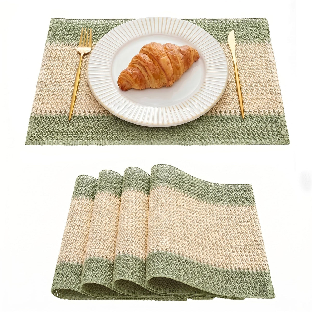 Artoid Mode Light Green Paper Woven Stripe Placemats Set of 4-12x18 Inch