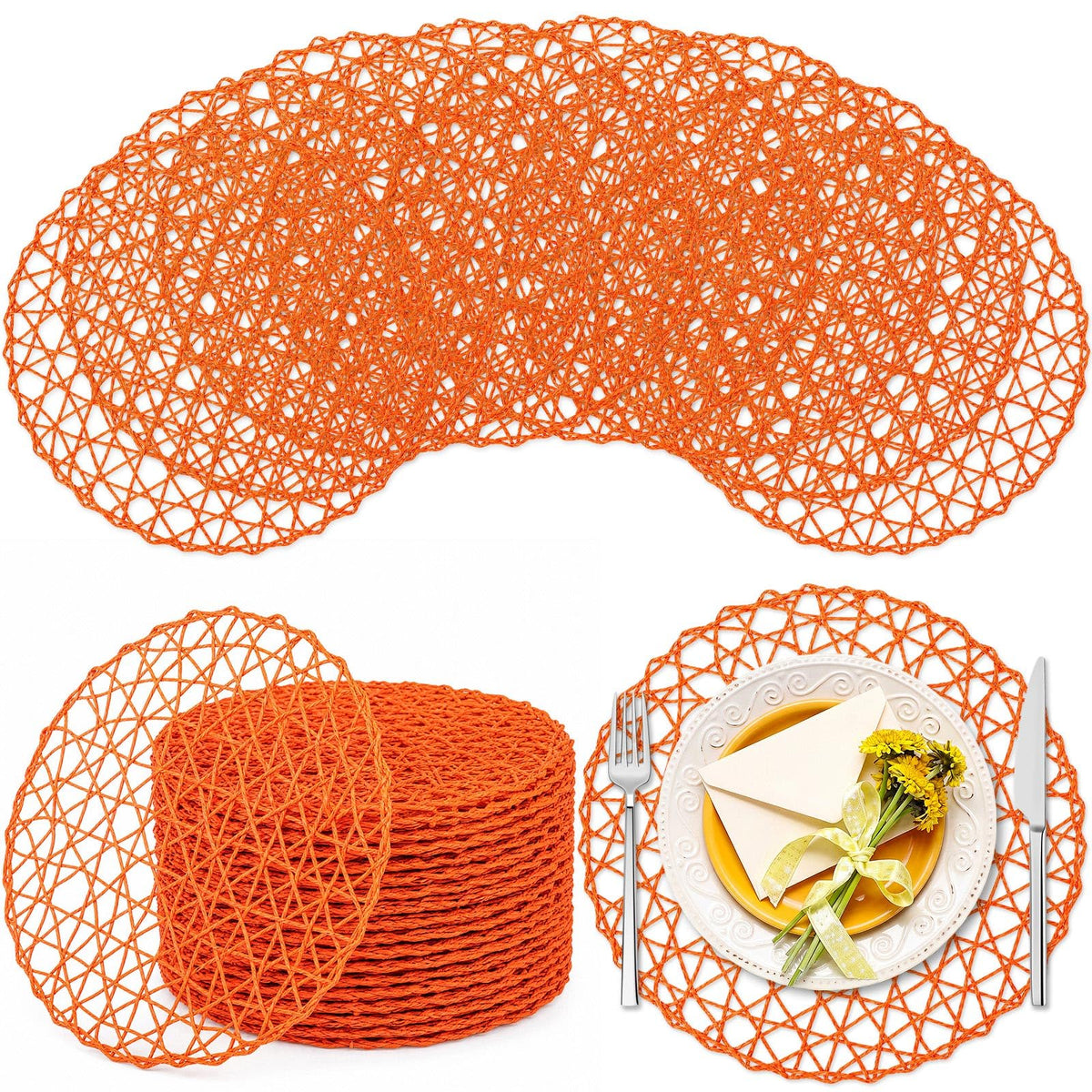 Threehoney Paper Braided Round Placemats, Set of 24, Brown, 13 in