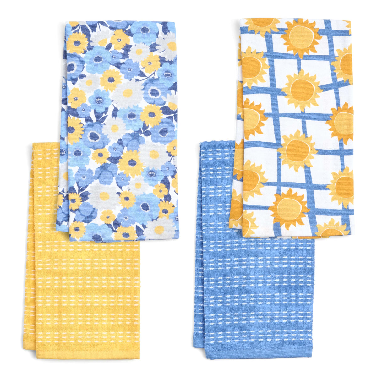 Ritz 4-Piece Kitchen Towel Set, Tomato & Olive Prints with Pine Green & Blue Textured Terry, 100% Cotton & Absorbent Blend, 16" x 26", Vintage Mediterranean Foodie Kitchen Decor