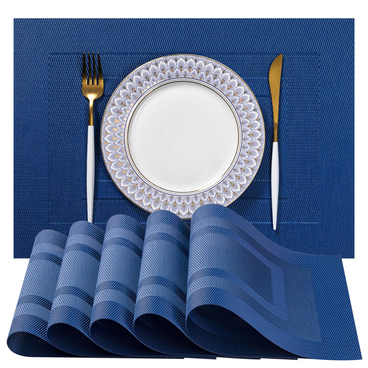 LEXMORE Placemats Set of 4 Vinyl/Plastic Woven Place Mats for Kitchen Table Indoor/Outdoor Washable Placemat Wipeable Dining Table Mats(Navy Blue)