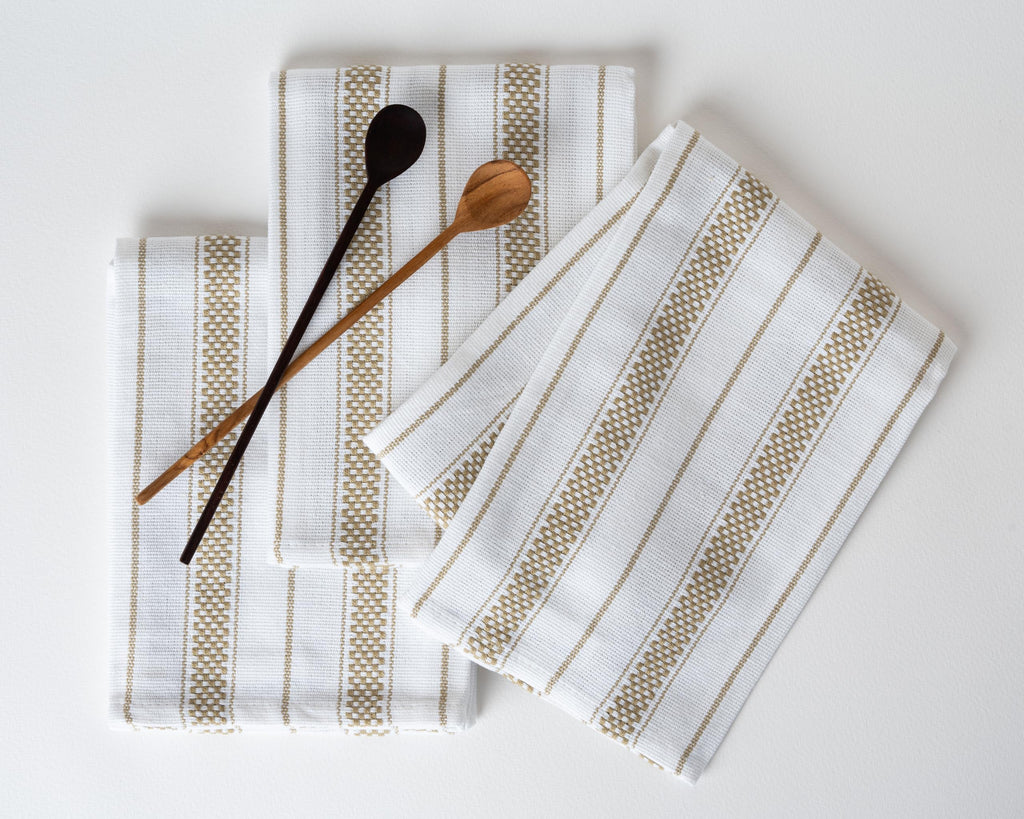 Kitchen Towels Set – Pack of 6 (20’’ x 30’’) Extra Large Premium Cotton Dish Towels for Kitchen – Chain Stripe Towels – Absorbent – 100% Cotton – with Hanging Loop – Beige