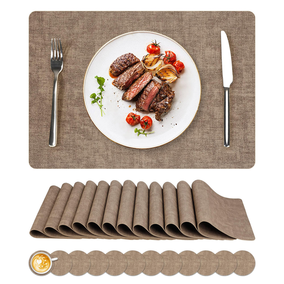 NCUE Vinyl Placemats Set of 6, 17"x12" Wipeable Place Mats with Coasters