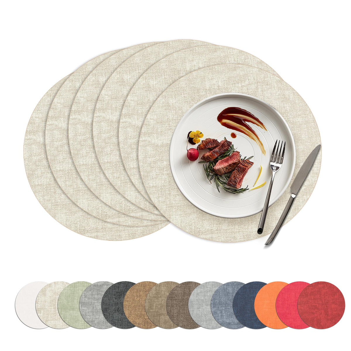 Placemats Set of 4, 15 Inch Round Faux Leather Place Mats