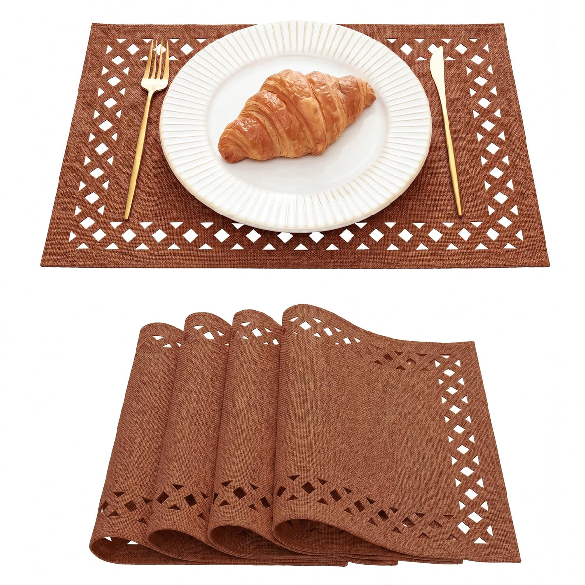 Artoid Mode Farmhouse Placemats Set of 6, Linen Textured Lattice Cutwork Fall Place Mats for Kitchen Dining Table Decor and Outdoor Party, 12 x 18 Inchs, Light Brown