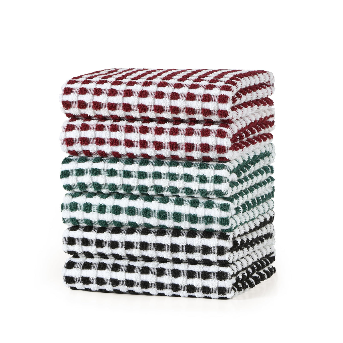 SALAS Cotton Dish Towels Cloths for Kitchen Drying Dishes, Lattice Terry Kitchen Towels, Absorbent Cloths with Hanging Loop, 16‘’ x 26‘’, 4 Packs, Wine Red and Black