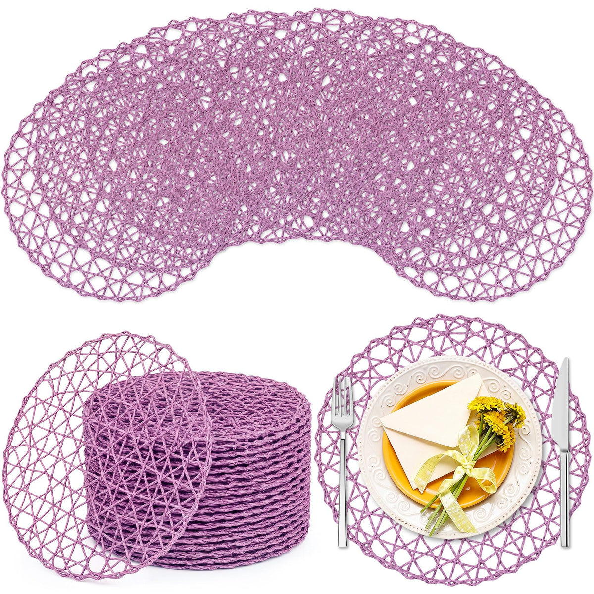 Threehoney Paper Braided Round Placemats, Set of 24, Brown, 13 in