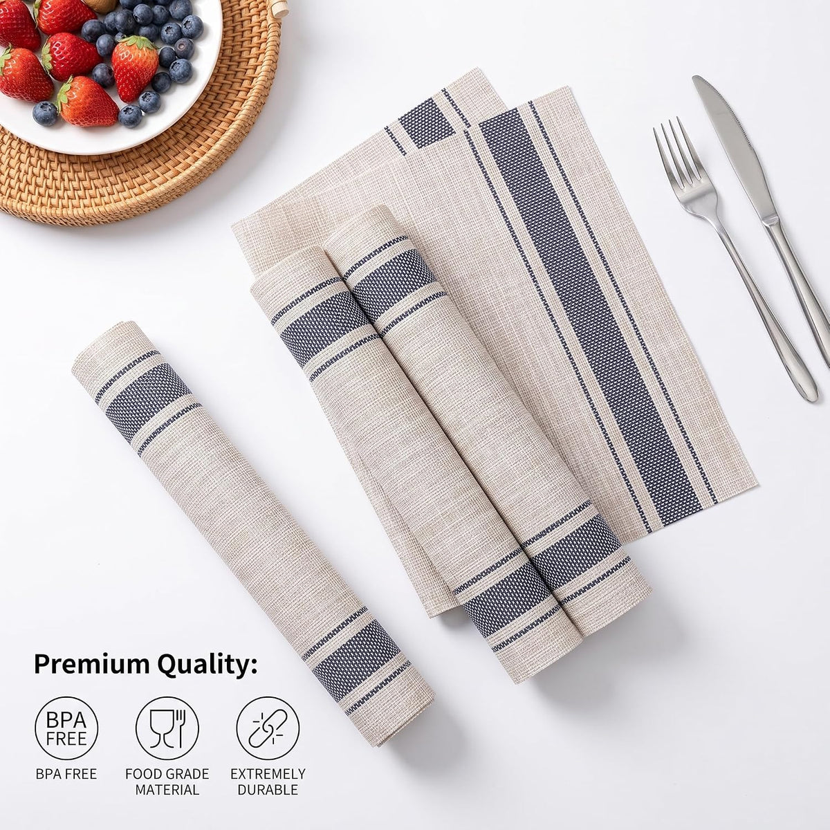 Winknowl Placemats Set of 8, Heat Resistant Non-Slip Vinyl Woven Table Mats for Dining Table, Washable Durable Elegant Place Mats for Kitchen Indoor/Outdoor Use (Beige Blue)