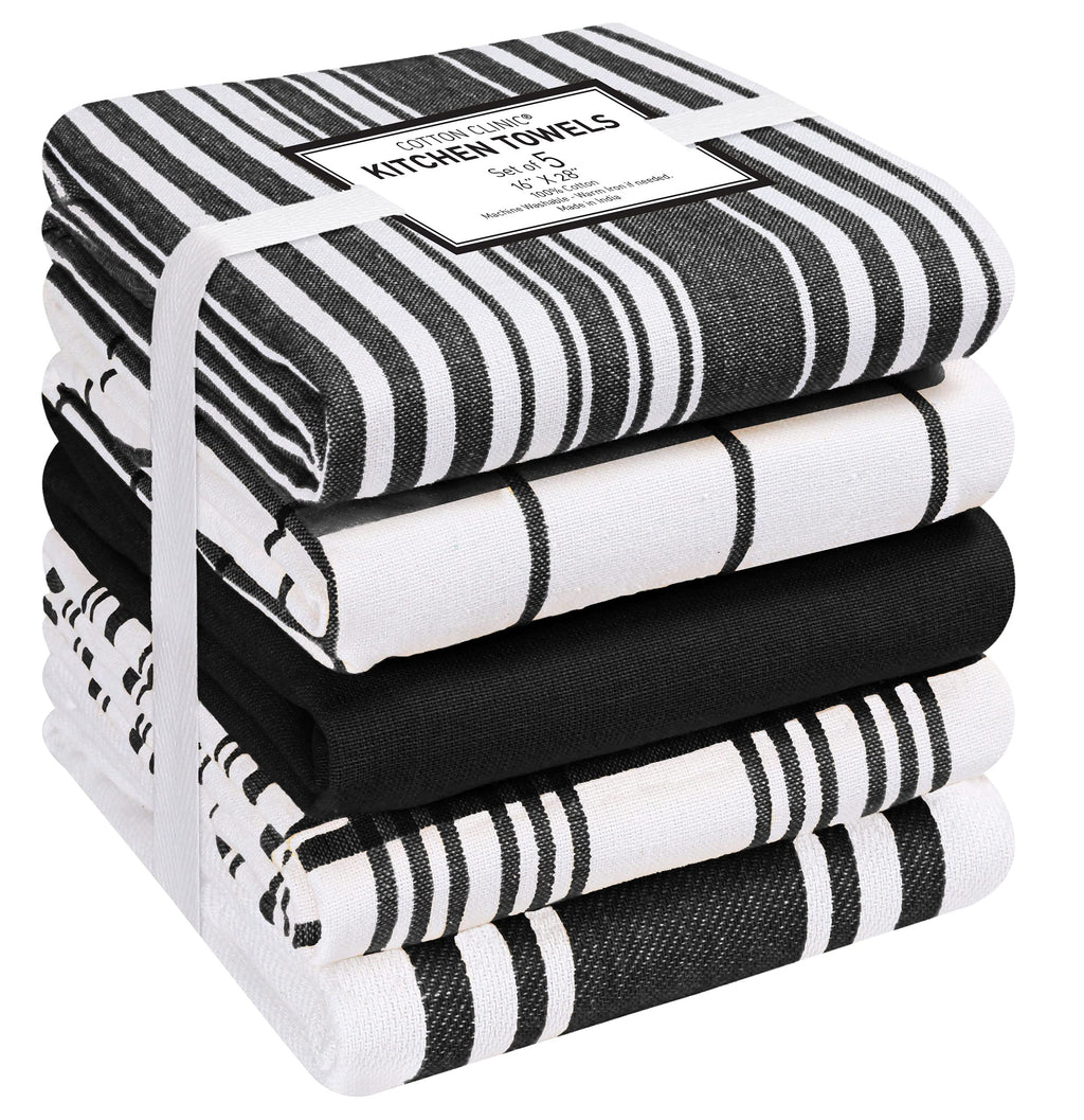 Cotton Clinic Assorted Kitchen Towels 5 Pack – Soft Absorbent Quick Drying Table & Kitchen Linen - Dish Towels, Dish Cloths, Tea Towels and Cleaning Towels with Hanging Loop – 16x28 / Grey White