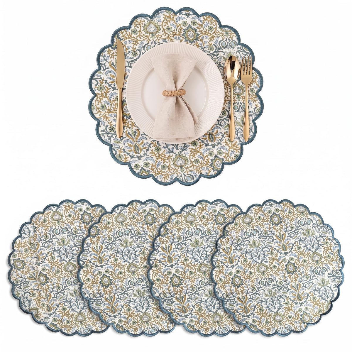Ridhi Floral Block Print Round Placemats 15" in, Set of 4, Powder Blue