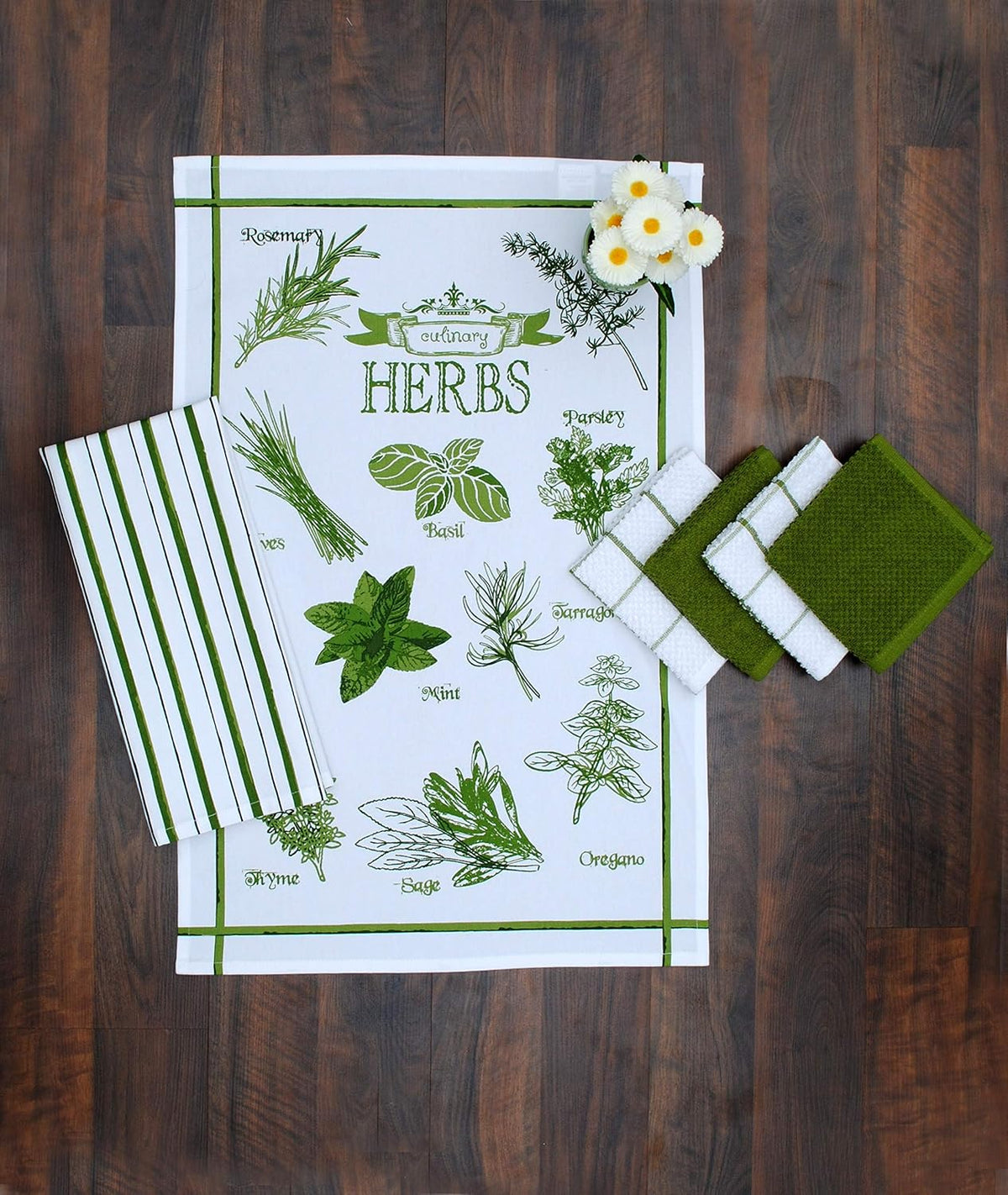 AMOUR INFINI Cotton Kitchen Towels and Dishcloths 6 Piece - 4 Terry Dishcloths (12” x 12”) and 2 Cotton Kitchen Towels (28” x 18”) for Gifting and Decor (Herbs Garden)