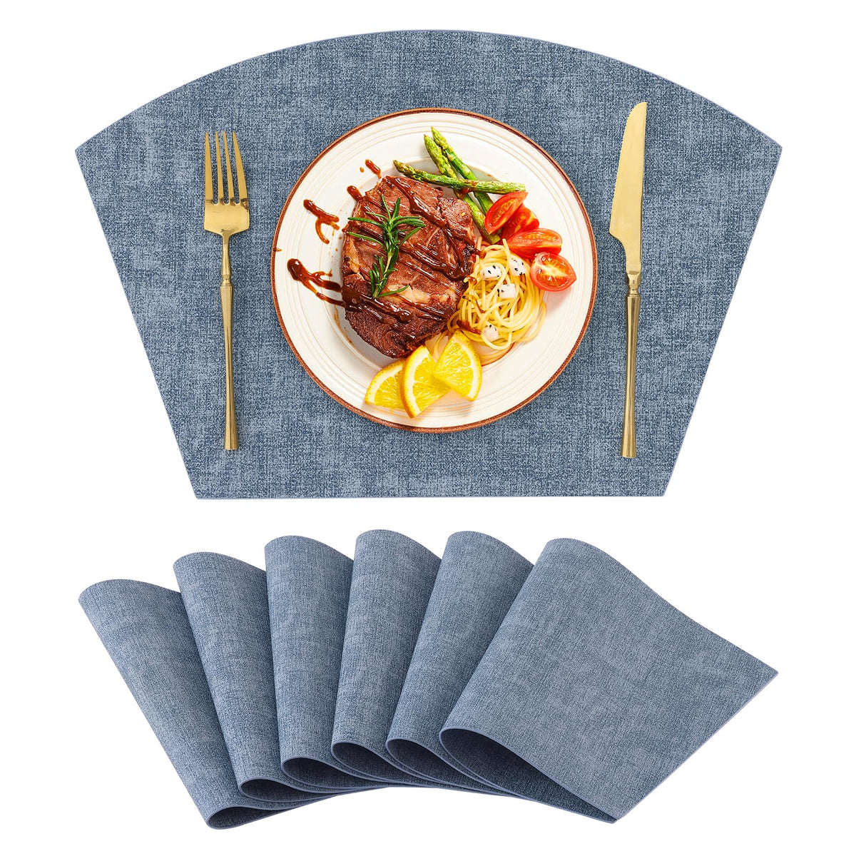 Homaxy Wedge Faux Leather Placemats for Round Table, Set of 6, Light Grey