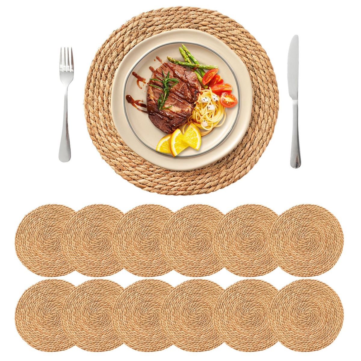 13.8'' Round Woven Placemats Set of 12, Boho Wicker Chargers, Terrekraft
