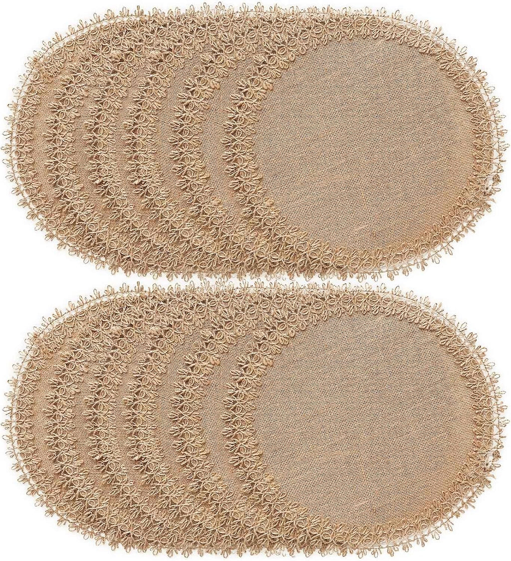 FunWheat Burlap Round Braided Placemats Set of 12 for Dining Tables 15 Inch Heat Resistant Jute Table Mats Farmhouse Woven Fabric Natural Place mats (Brown Jute Lace)