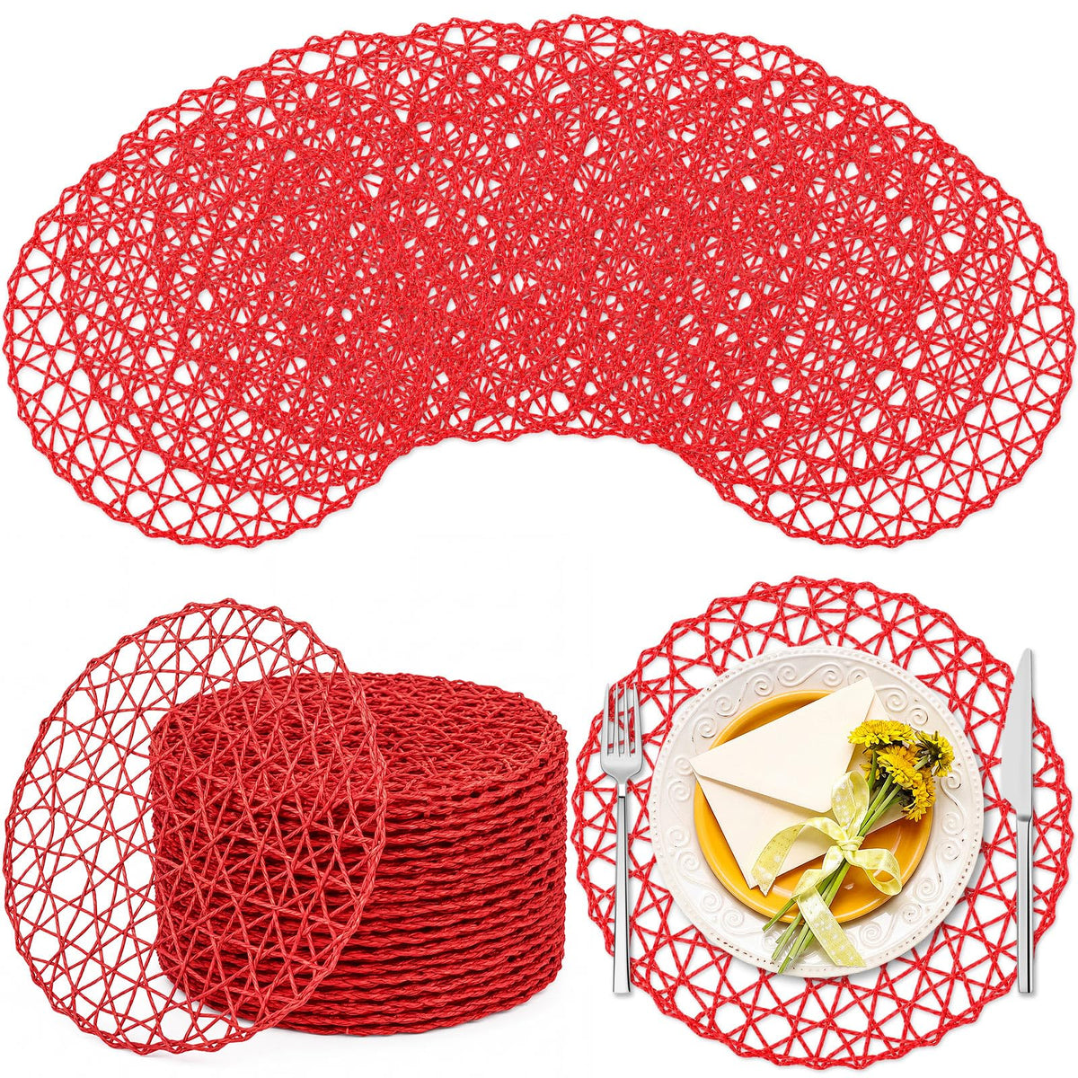 Threehoney Paper Braided Round Placemats, Set of 24, Brown, 13 in