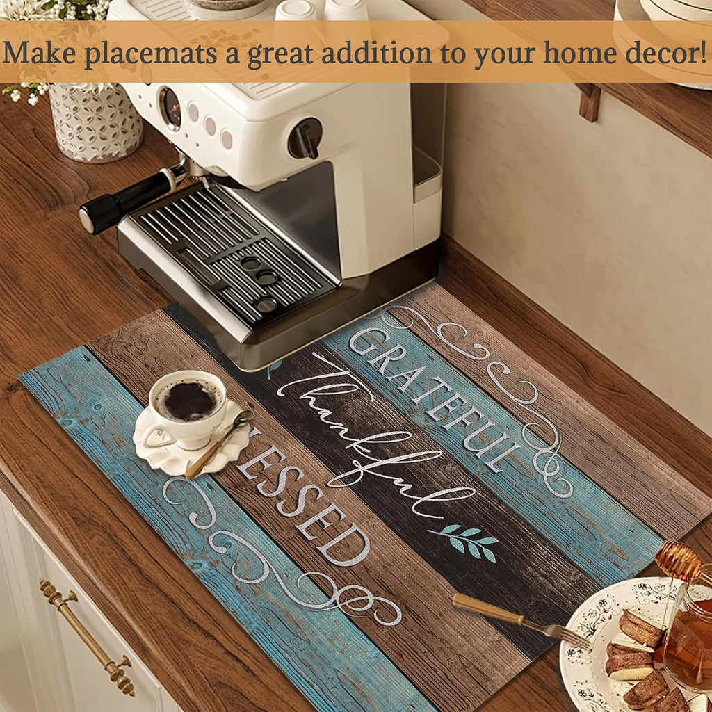 Thankful Grateful Blessed Placemats Set of 6 Place Mats for Kitchen Table Washable Farmhouse Linen Table Mats Dining Decoration 12x18 Inch