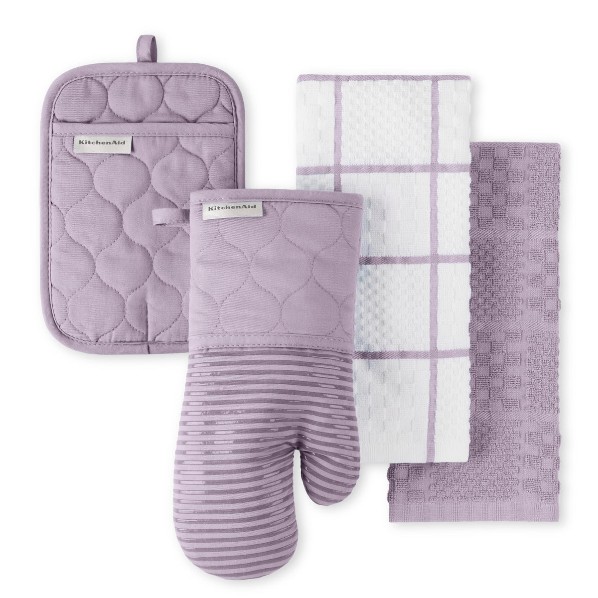 KITCHENAID Quilted Cotton Terry Cloth Oven Mitt, Pot Holder, Kitchen Towel 4-Pack Set, Heat Resistant, Silicone Grip, 16"x26", 7"x13" & 7"x10", Milkshake Tan