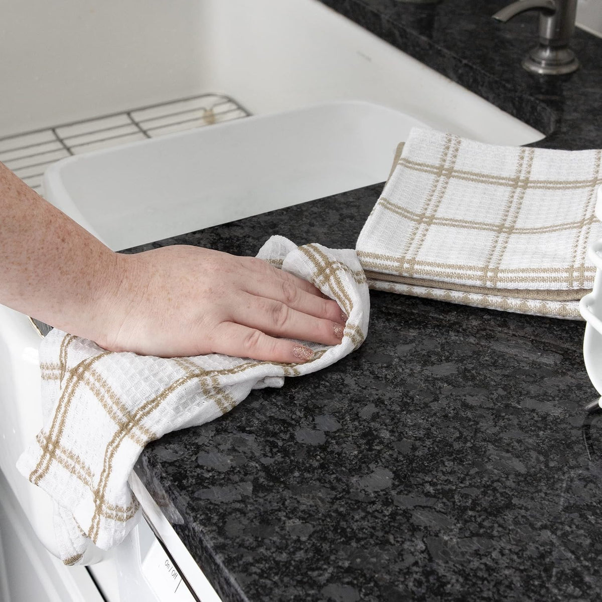 T-Fal Premium Waffle Dish Cloths: Highly Absorbent, Super Soft Long Lasting - 100% Cotton, 12"x13" Towel for Cleaning & Drying, (4-Pack), Sand