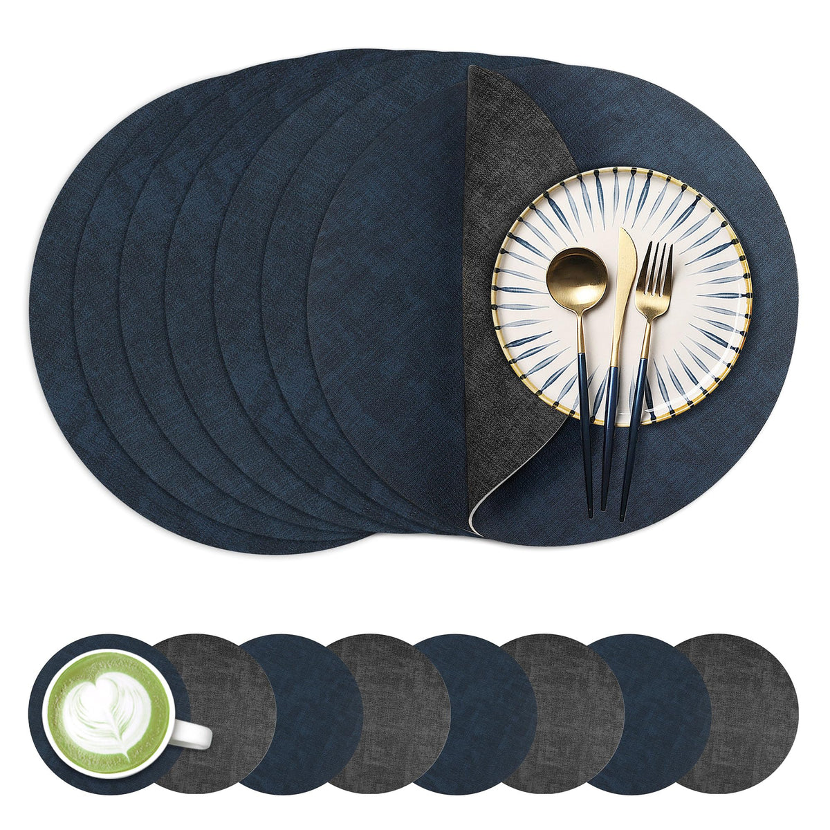 Fyvva Placemats Set of 4, 13" Round Reversible Faux Leather with Coasters