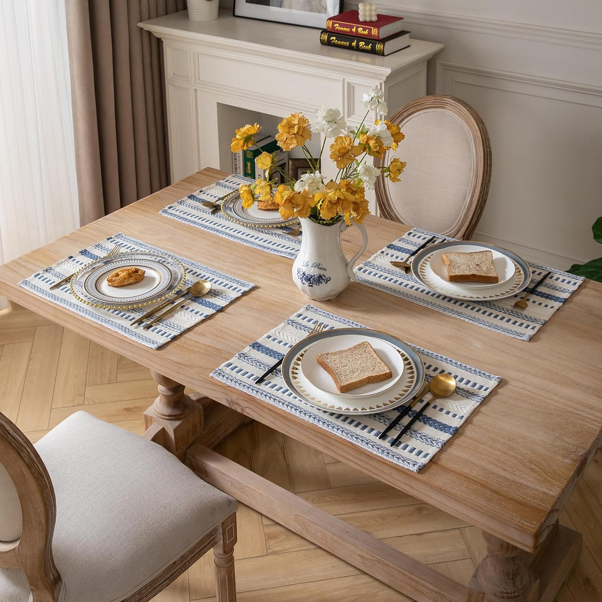 Caflife Boho Placemats Set of 4, Blue Beige Cotton Linen Woven Place Mats
