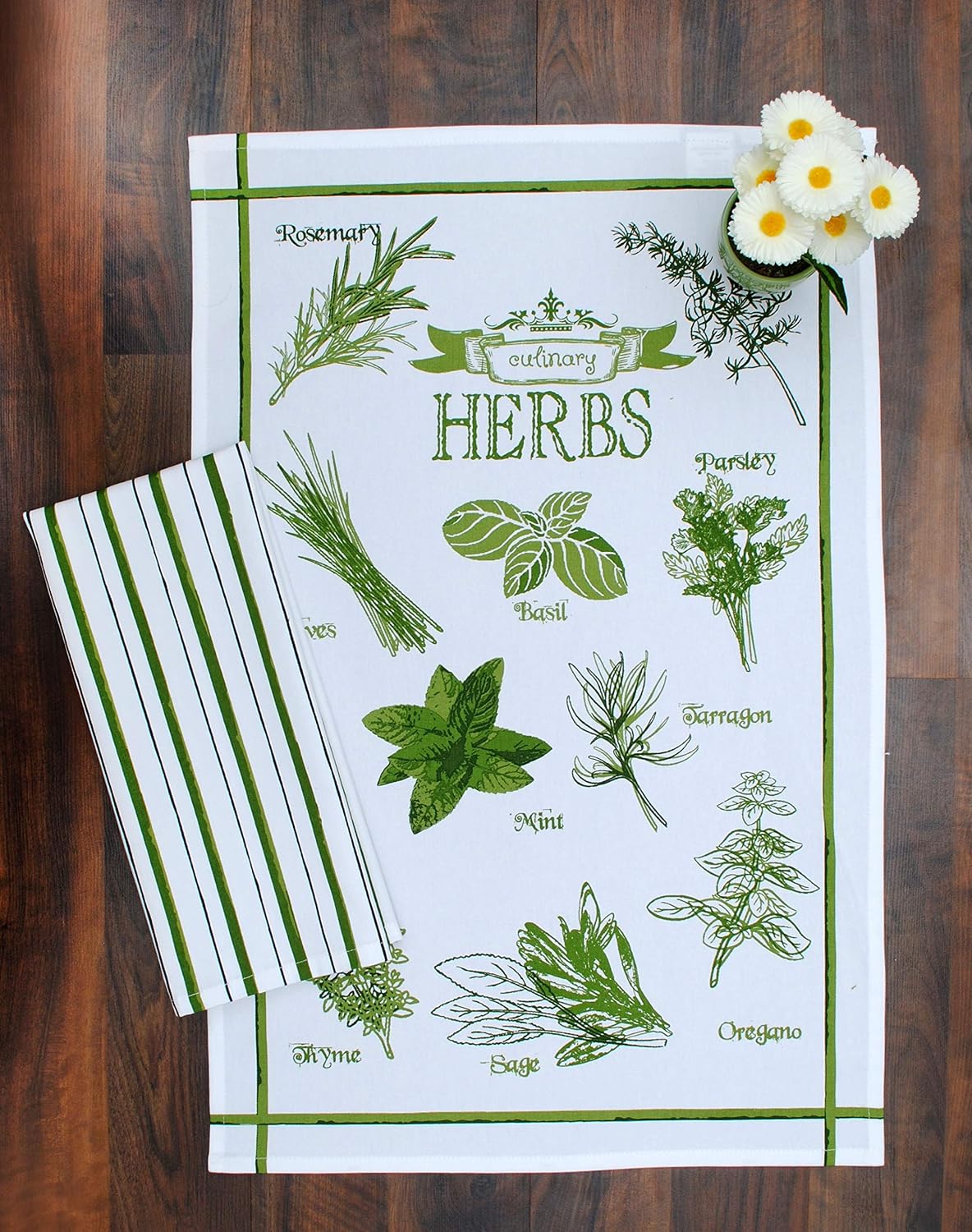AMOUR INFINI Cotton Kitchen Towels and Dishcloths 6 Piece - 4 Terry Dishcloths (12” x 12”) and 2 Cotton Kitchen Towels (28” x 18”) for Gifting and Decor (Herbs Garden)