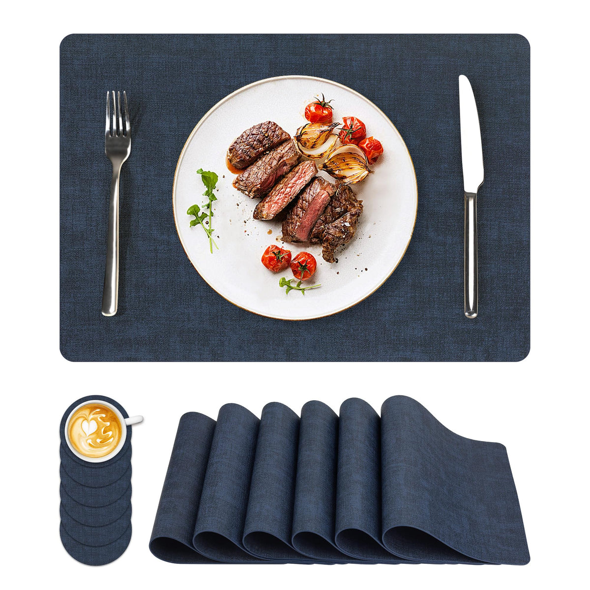 NCUE Vinyl Placemats Set of 6, 17"x12" Wipeable Place Mats with Coasters
