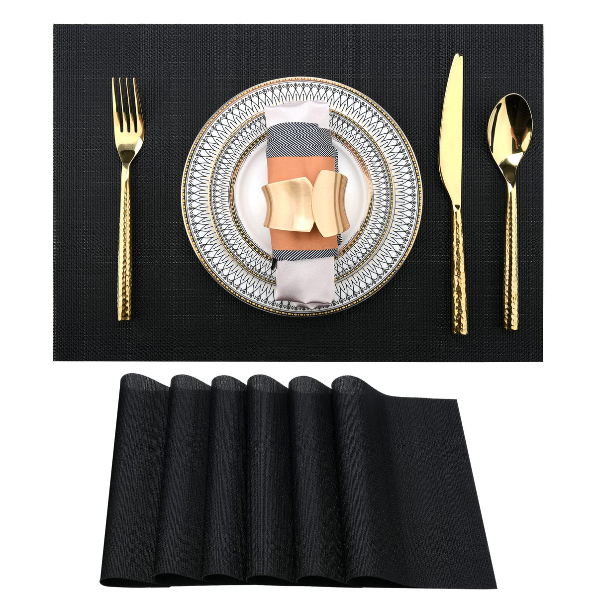 SLKQG Navy Blue Placemats Set of 6 - Easy Clean Washable Vinyl Placemats - Wipeable Heat Resistant Table Mats for Dining Table - 17x12 Inch (Navy Blue, 6)