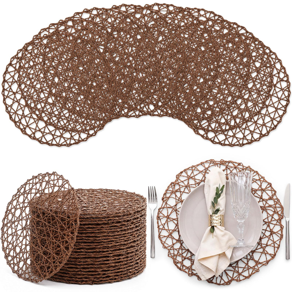 Threehoney Paper Braided Round Placemats, Set of 24, Brown, 13 in