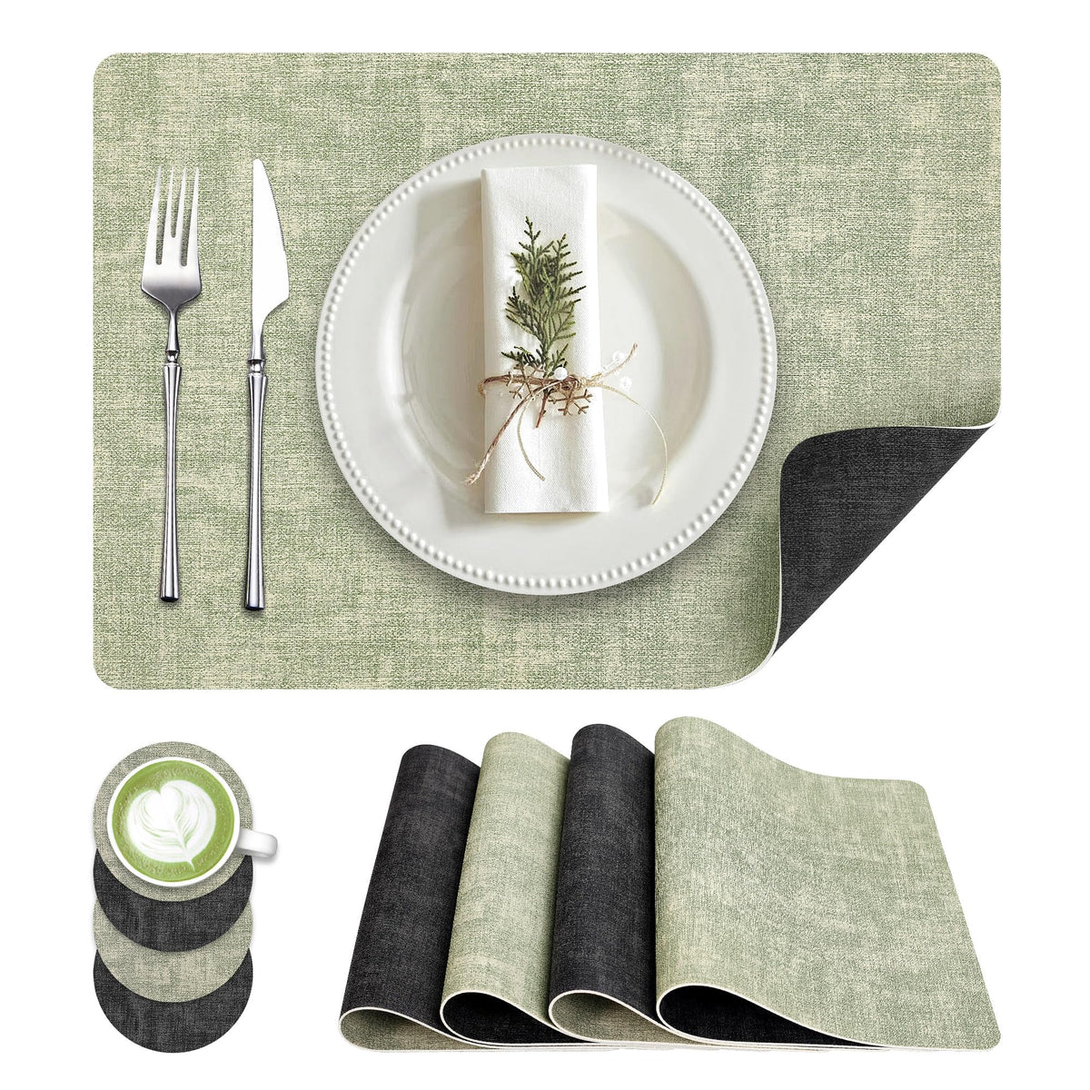 Fyvva Placemats Set of 4, 13" Round Reversible Faux Leather with Coasters
