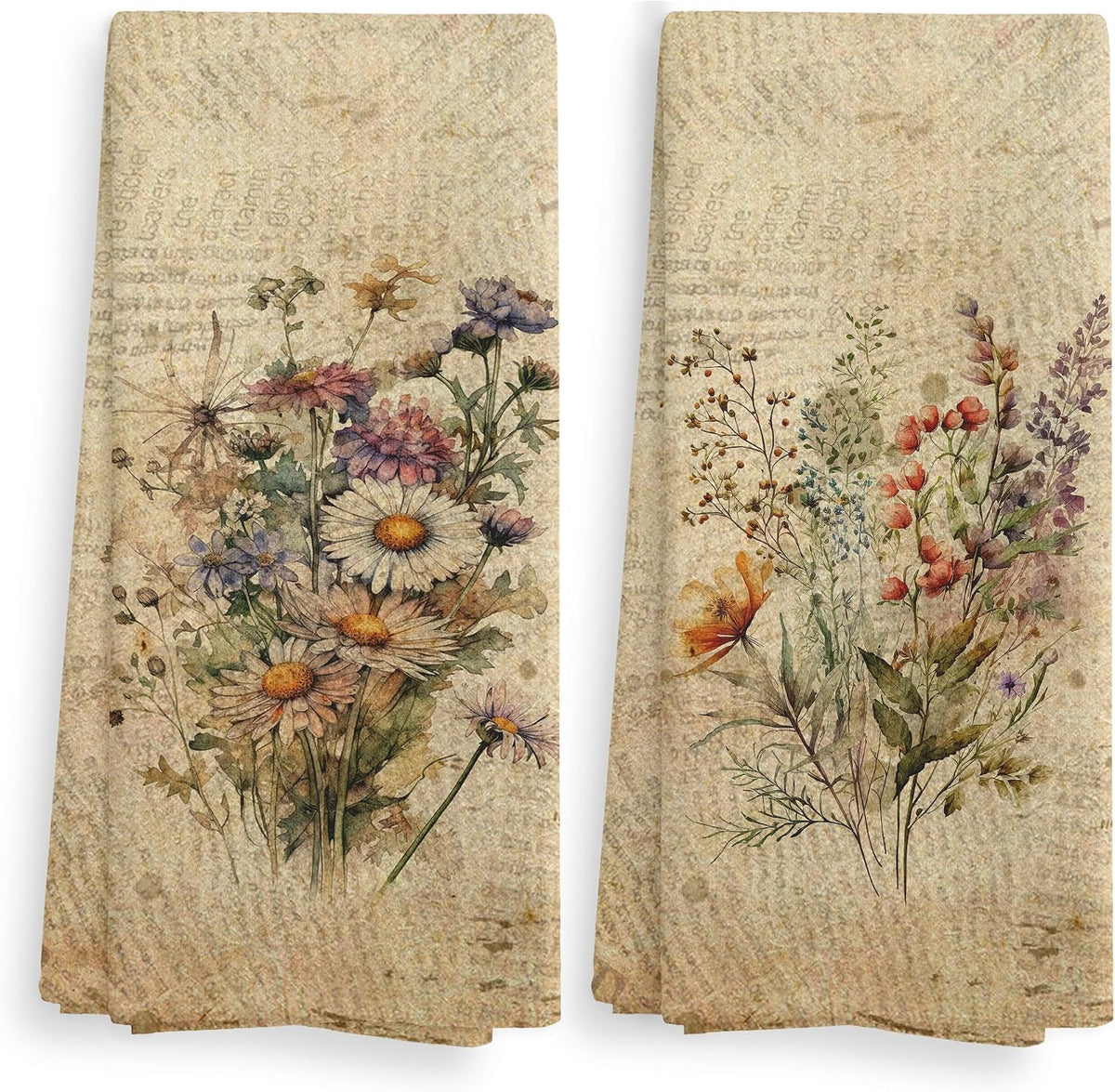 Vintage Floral Kitchen Towels and Dishcloths Set of 2, Vintage Decorative Kitchen Towels, Bouquet Decorative Towels, Retro Wildflower Drying Cloth Hand Towels for Bathroom Kitchen, 16×24 Inches