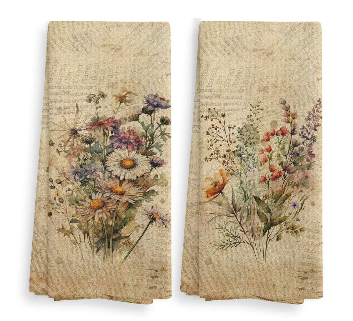 Vintage Floral Kitchen Towels and Dishcloths Set of 2, Vintage Decorative Kitchen Towels, Bouquet Decorative Towels, Retro Wildflower Drying Cloth Hand Towels for Bathroom Kitchen, 16×24 Inches