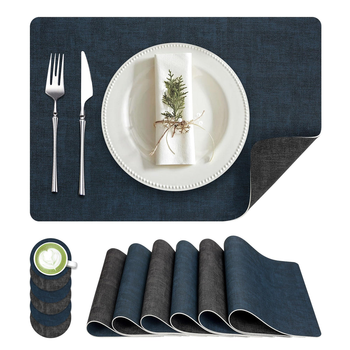 Fyvva Placemats Set of 4, 13" Round Reversible Faux Leather with Coasters