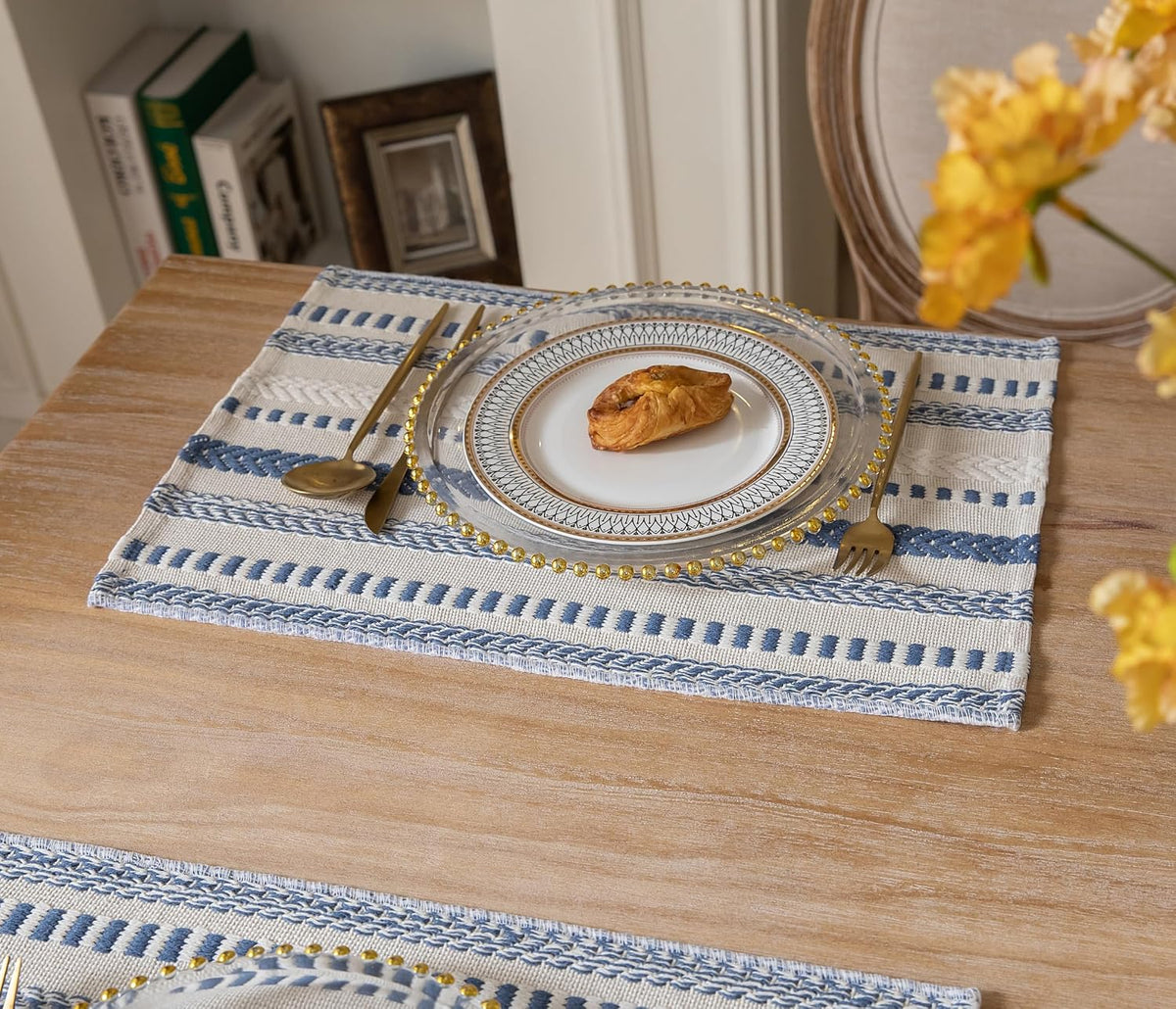 Caflife Boho Placemats Set of 4, Blue Beige Cotton Linen Woven Place Mats