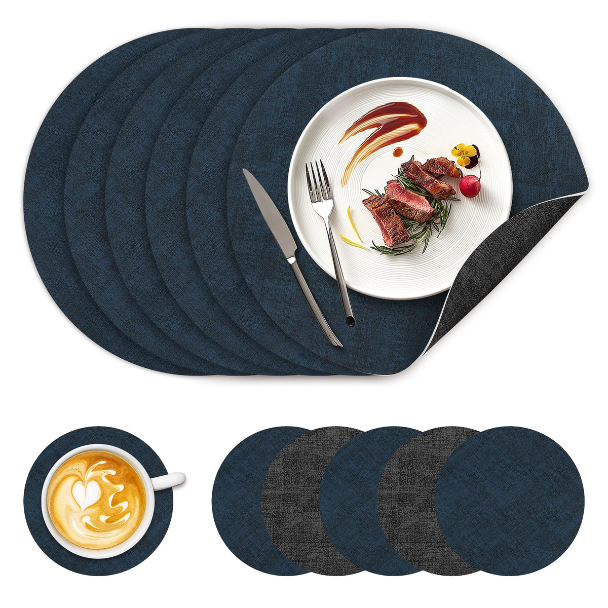 NCUE 13" Faux Leather Round Placemats Set of 6, Reversible Dual-Color