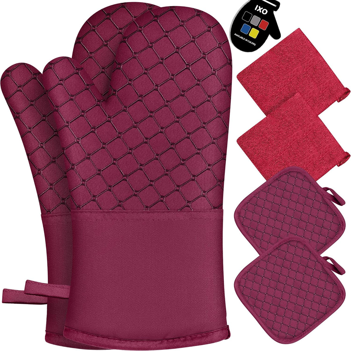 6 Pcs Oven Mitts and Pot Holders, 500℉ Heat Resistant Oven Mitts with Kitchen Towels Soft Cotton Lining and Non-Slip Silicone Surface Safe for Baking, Cooking, BBQ (Red)